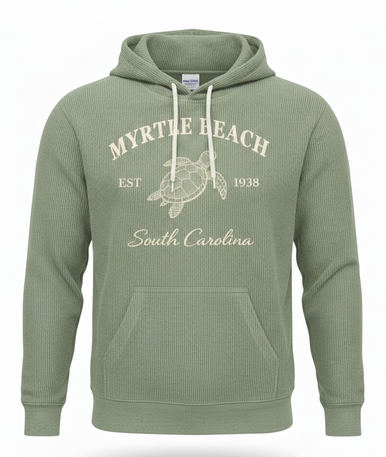 Olive Corduroy Hoodie Sweatshirt Embroidery Front ,Myrtle Beach