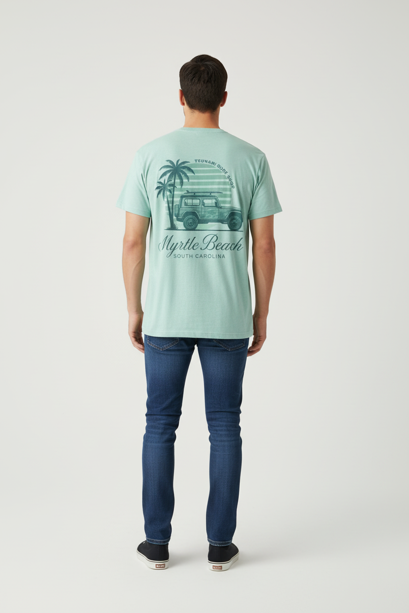 Pastel green t-shirt untucked back view