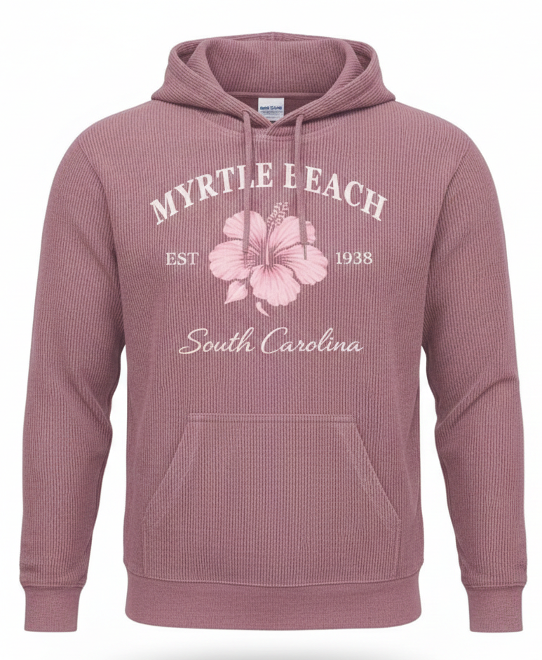 Rose Pink Corduroy Hoodie Sweatshirt Embroidery Front ,Myrtle Beach
