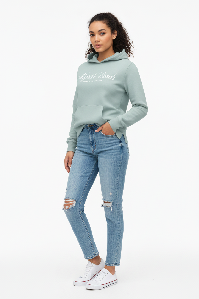 Sage hoodie front-right angle with hand in pocket