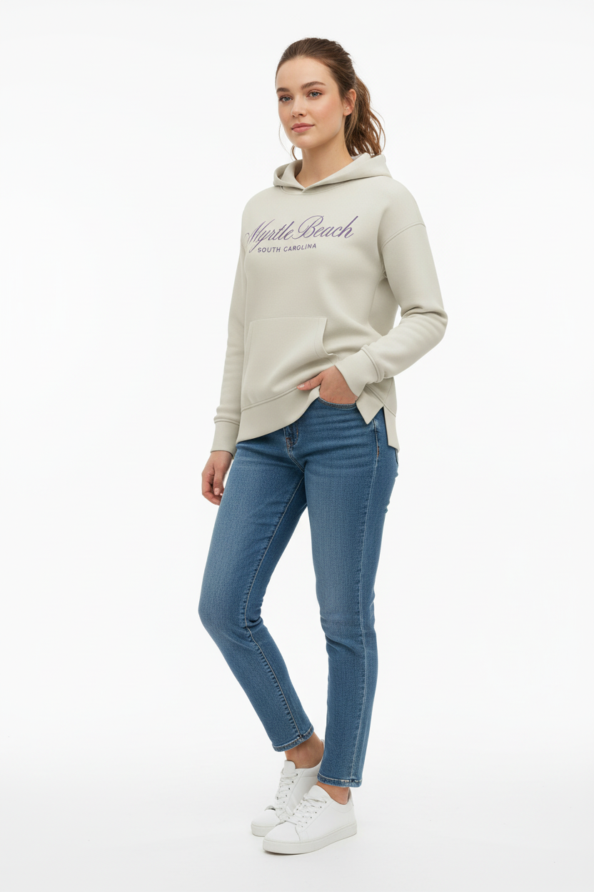 Sand hoodie front-right angle with hand in pocket