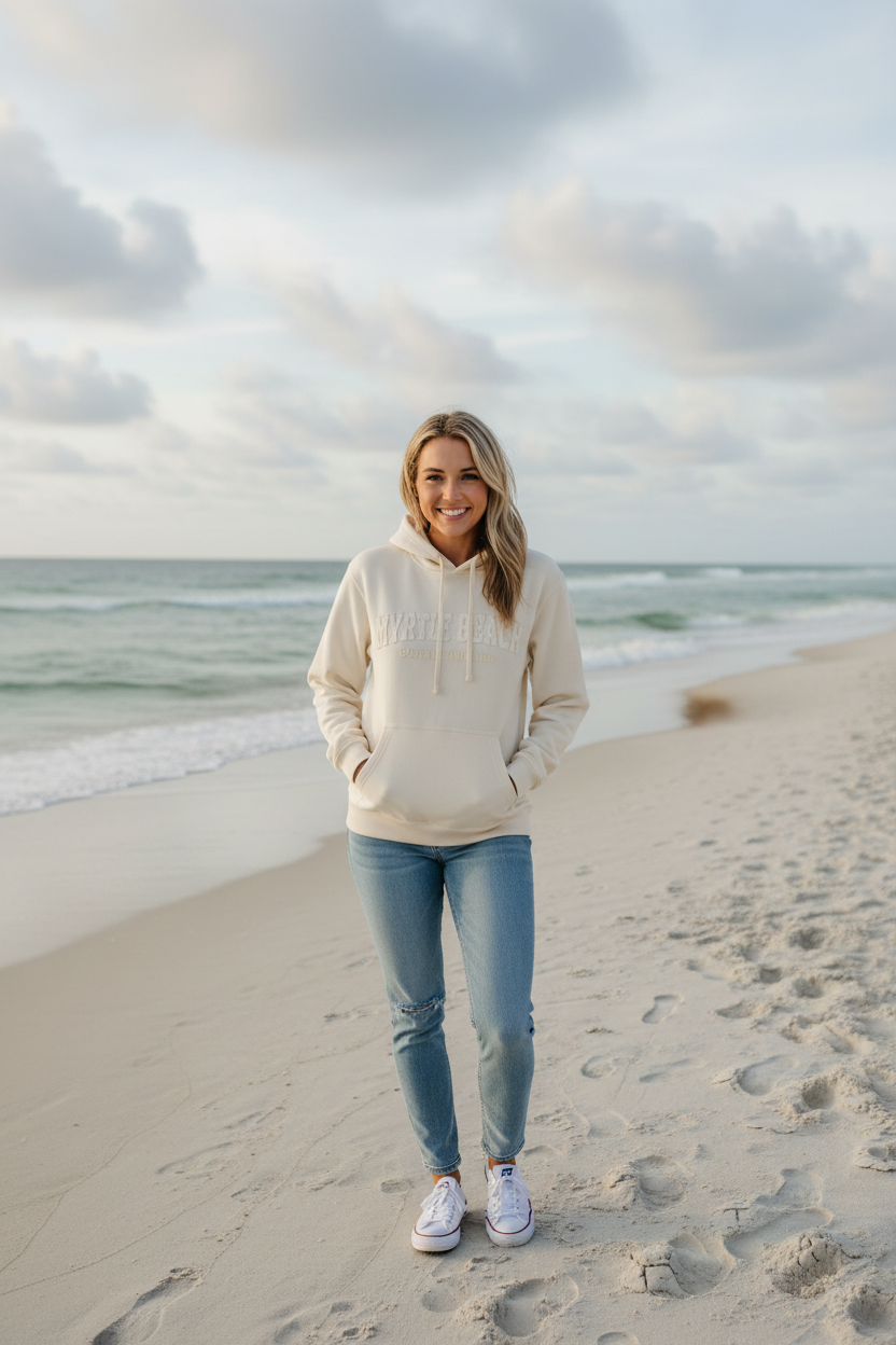 Sand hoodie model beach view