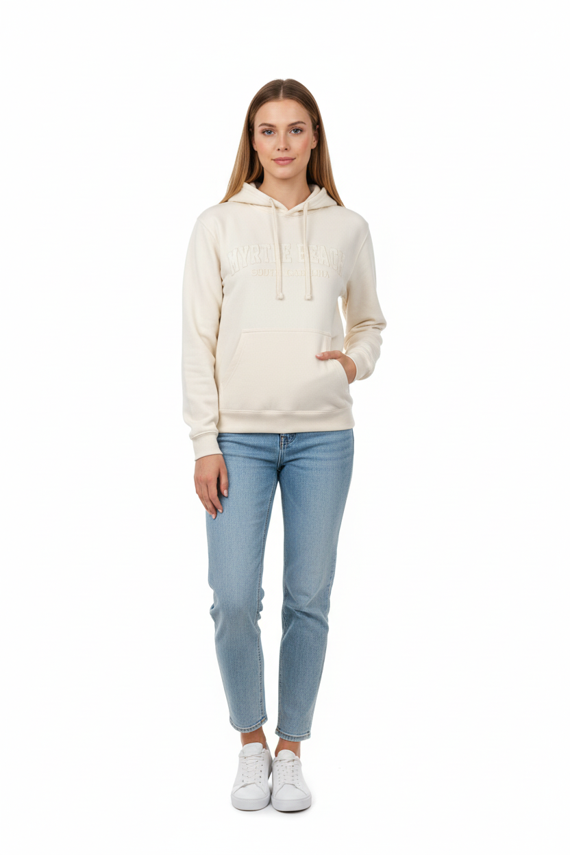 Sand hoodie on female model full body