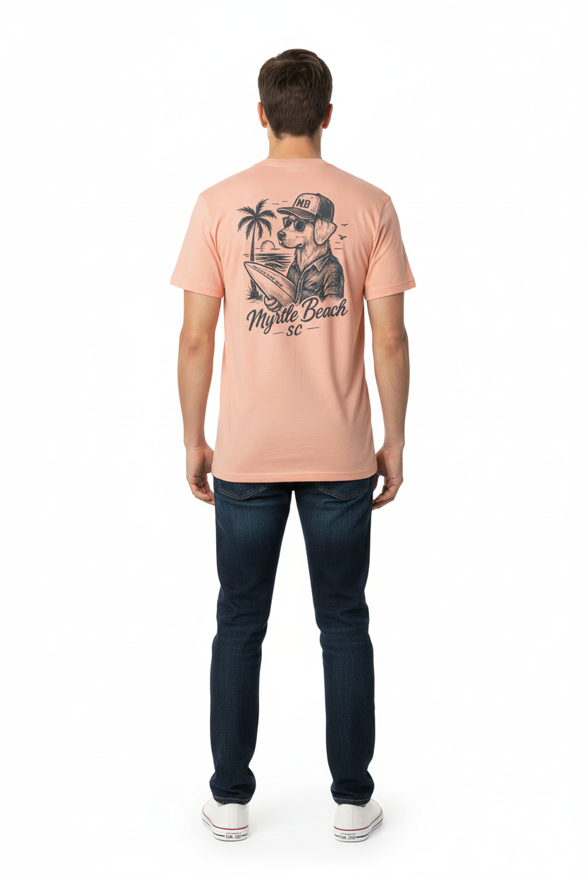 Peach Printed T-Shirt Myrtle Beach ,Dog W/Surfboard