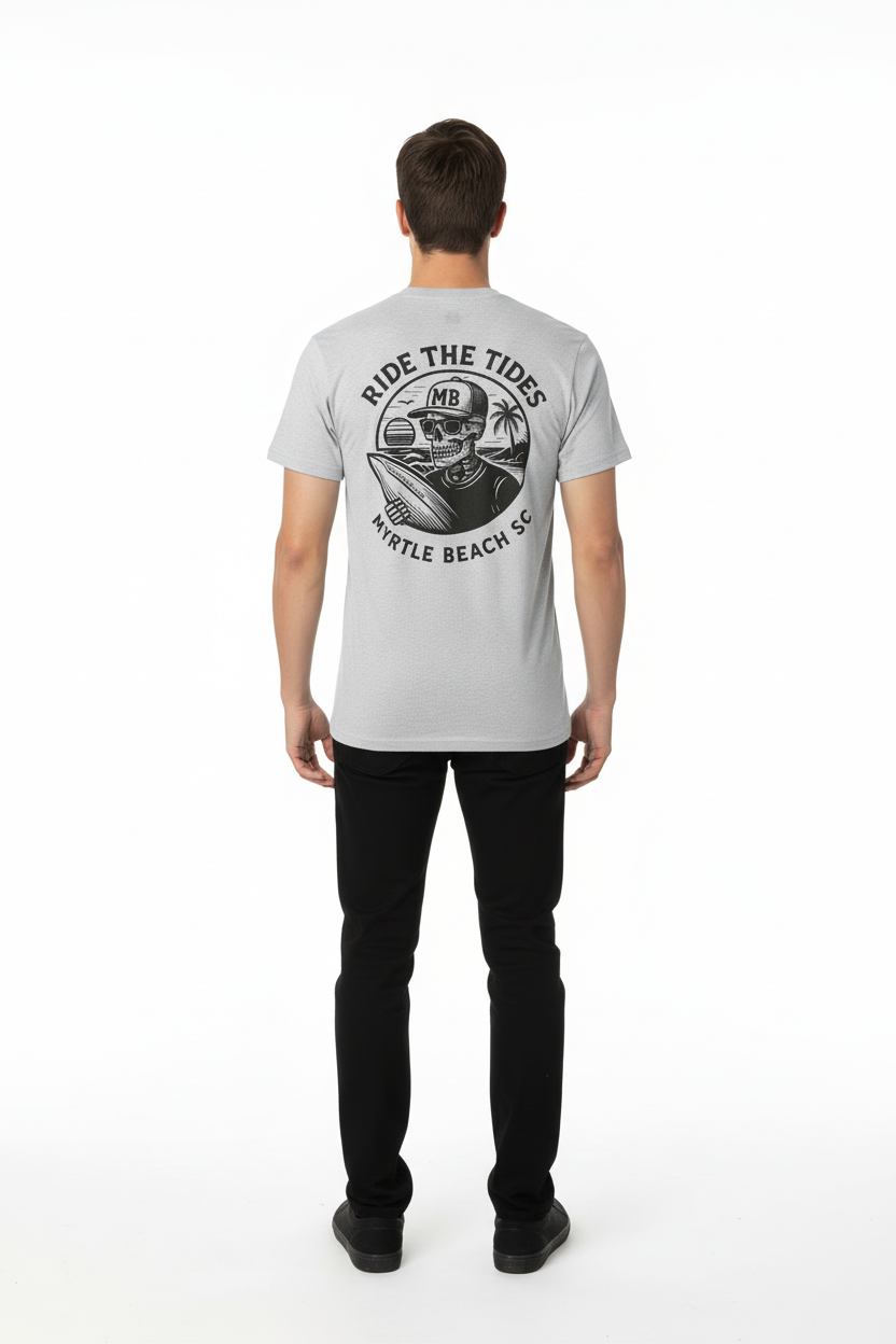 Light Grey Printed T-Shirt Myrtle Beach ,Skull W/Surfboard