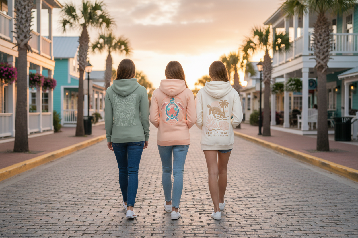 Three women in earth-tone hoodies walking
